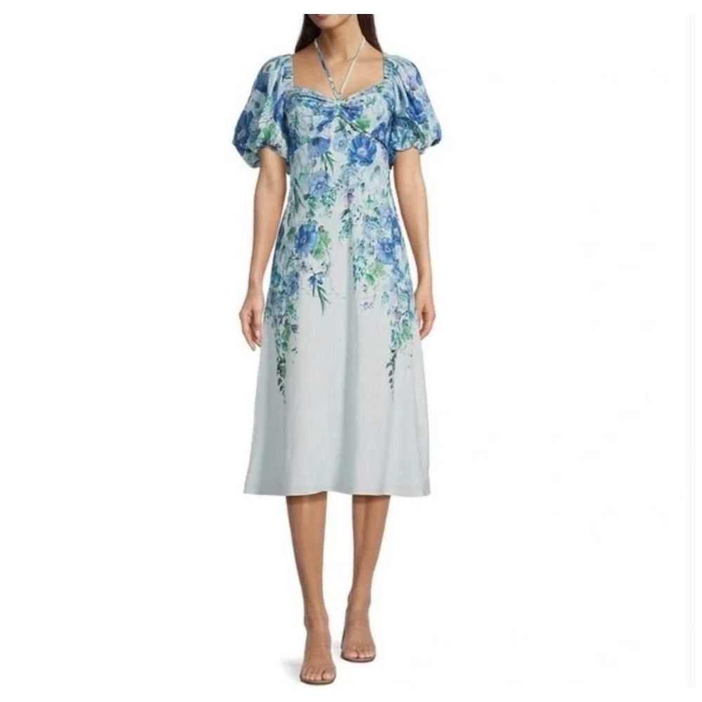 Alex Marie Monroe Blue Floral Puff Sleeve Dress Party Tea Length 12 Linen Rayon